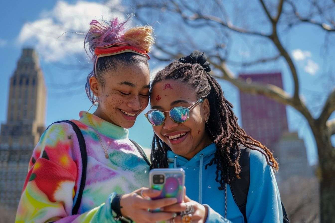 Image d'illustration. Adolescentes dans un parc vibrant partageant des vidéos tiktok