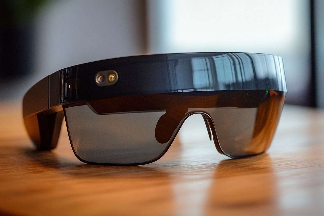 Image d'illustration. Lunettes de réalité augmentée élégantes de près sur une table en bois